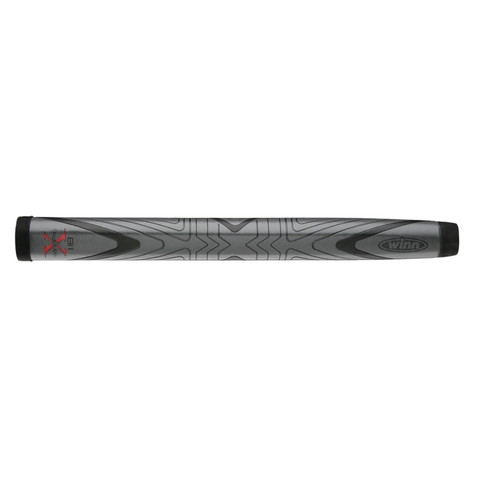 The WinnPro X 1.18" Putter Grip by Winn features a dark grey color with black geometric patterns, the Winn logo, and “X 1.18” marking. This oversized, slightly tapered cylindrical grip provides a flat-top design for comfort on the green.