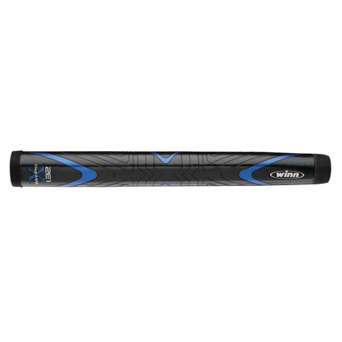 The WinnPro X 1.32" Grip by Winn, in black and blue with geometric patterns, is shown horizontally on a white background. The visible Winn logo on the right highlights the grip’s control-focused design for golfers.