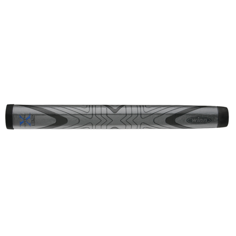 The WinnPro X 1.32" Grip | Dark Grey by Winn is an oversized golf grip in gray and black with geometric patterns, a soft feel, and features the NTP 132 marking—part of the WinnPro X Grip series.