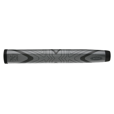 A dark grey WinnPro X 1.60" golf grip by Winn, featuring geometric patterns, is shown horizontally on a white background.