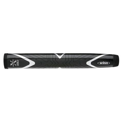 The WinnPro X 1.60" Putter Grip by Winn features a black and silver textured surface with white accents and an oversized design, shown lying horizontally on a white background.