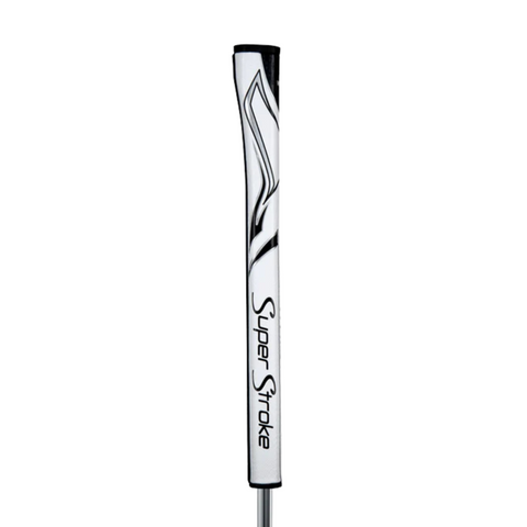 The white SuperStroke Zenergy WristLock Putter Grip features bold black branding and a sleek geometric design near the top.