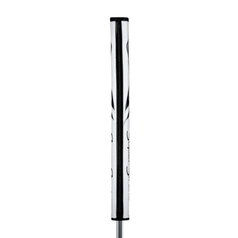 A close-up of the Superstroke Zenergy WristLock Putter Grip, showcasing its white and black pattern, displayed vertically against a plain white background.