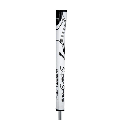 The SuperStroke Zenergy WristLock Putter Grip is white with black and gray accents, displaying the brand and product name vertically, and offers a secure, stable grip for your putter.