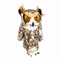Daphne's Owl golf driver headcover with mottled brown and cream plush feathers, bright yellow eyes, dark beak, ear tufts and clawed feet
