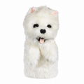 Daphne's Westie Terrier golf driver headcover, front view, with fluffy white plush coat, small upright pink-lined ears, dark eyes, black nose and pink tongue