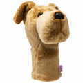 Daphne's Yellow Labrador golf driver headcover, front three-quarter view showing the golden plush coat, floppy ears, black nose and long protective sleeve on a clean white background