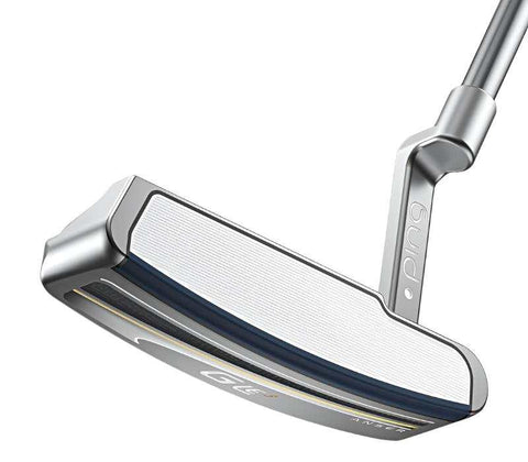 Angled view of putter face, Ping Women's G Le3 Anser Putter, silver finish, white face insert, blue accent line, Ping logo on neck, silver shaft.