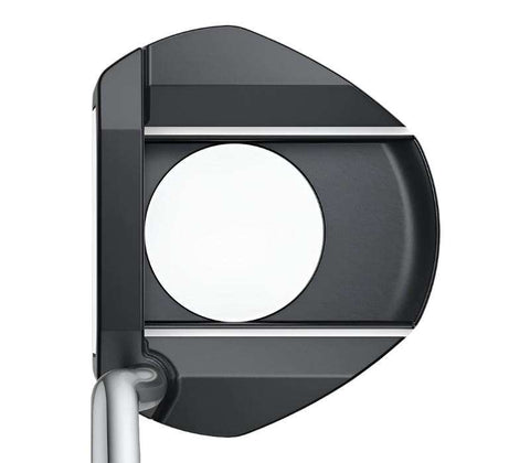 Top view, Ping Women's G Le3 Fetch Putter, black head with circular cutout, silver alignment lines, silver shaft.