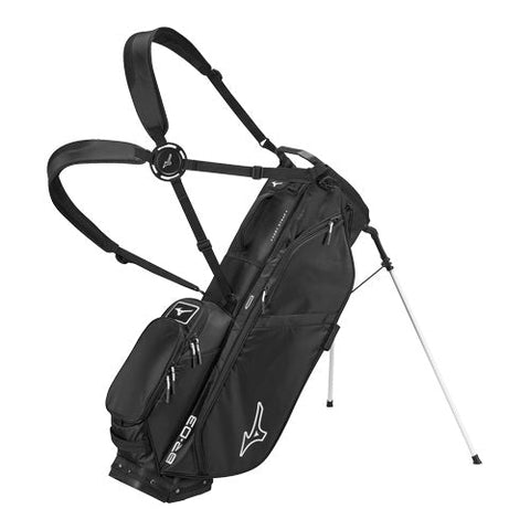 Mizuno 2026 BR-D3 stand bag in Black/White – front view with stand deployed