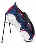PING HooferLite 264 stand golf bag in Navy/White/Cherry, opposite side and shoulder straps on a white background