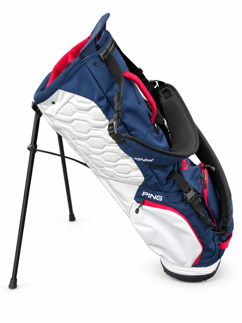 PING HooferLite 264 stand golf bag in Navy/White/Cherry, opposite side and shoulder straps on a white background