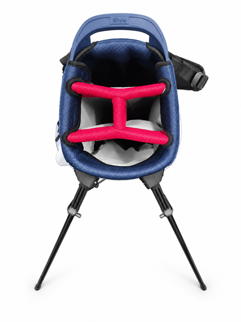 PING HooferLite 264 stand golf bag in Navy/White/Cherry, top divider view on a white background