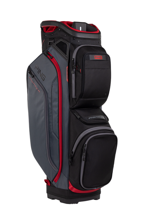 PING Pioneer 244 Black/Iron/Cherry cart golf bag, three-quarter view