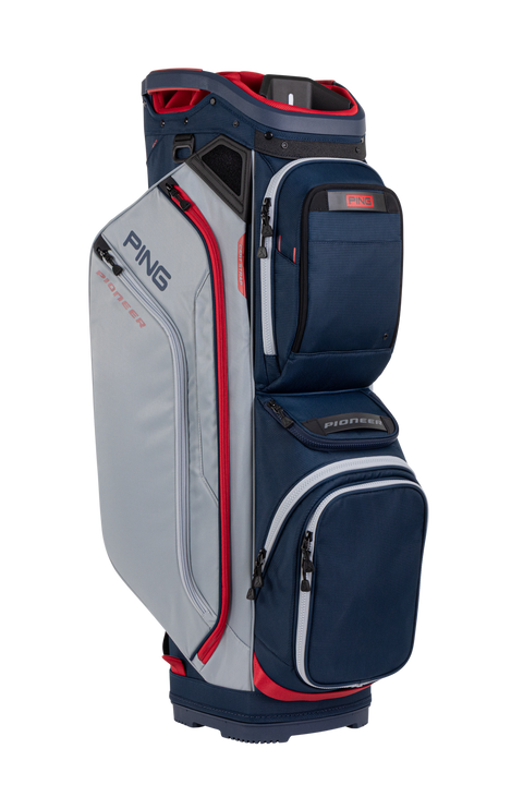 PING Pioneer 244 Navy/Lunar/Cherry cart golf bag, three-quarter view