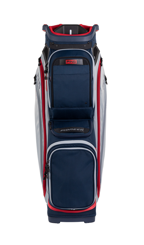 PING Pioneer 244 Navy/Lunar/Cherry cart golf bag, front view