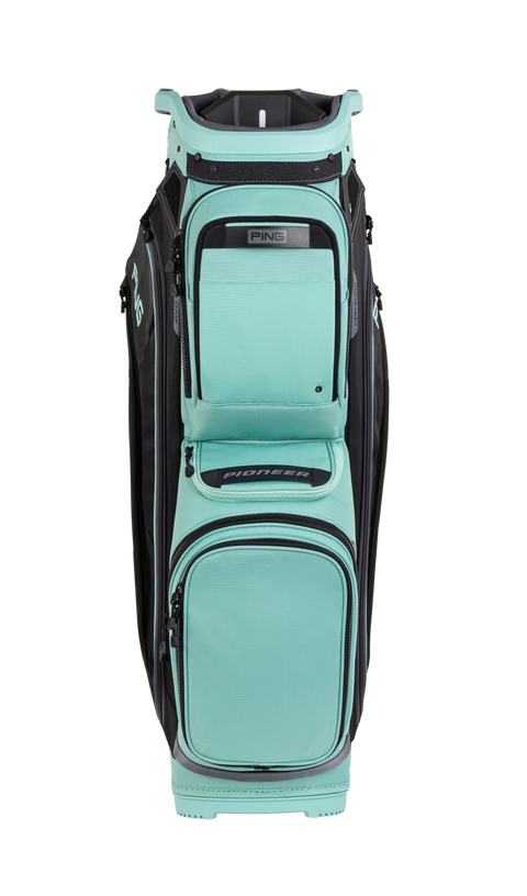 PING Pioneer 244 Aqua/Black/Iron cart golf bag, front view