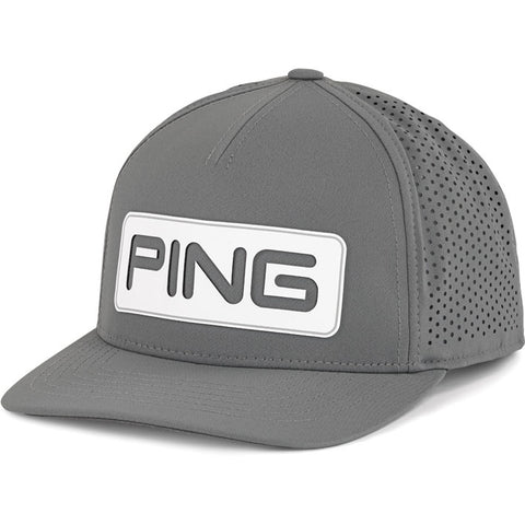 Side view of the Ping Tour Vented Delta Cap in grey, featuring a large grey on white Ping logo on the front and a perforated back for ventilation