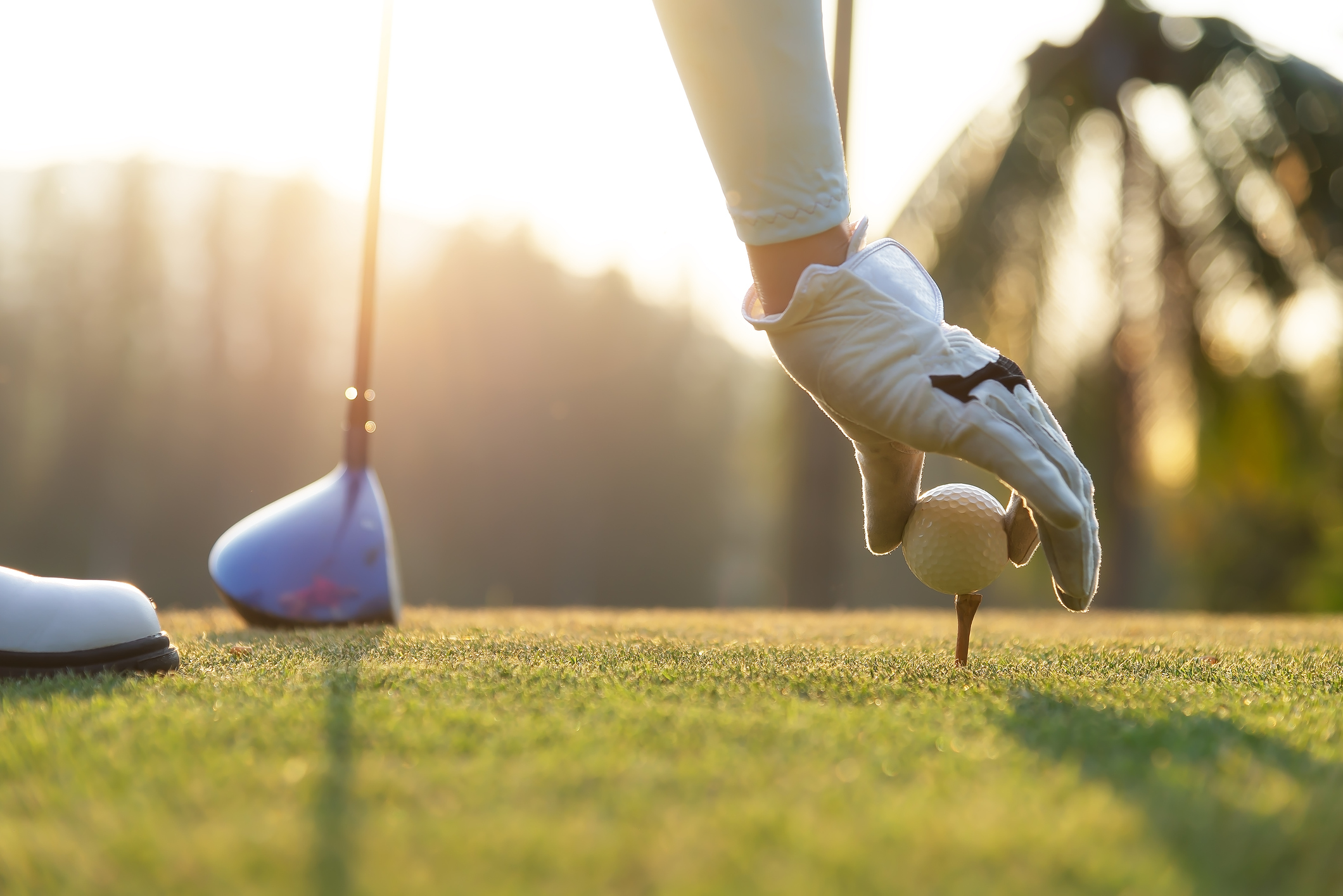 An image of a person wearing a white golf glove placing a golf ball onto a golfing tee.